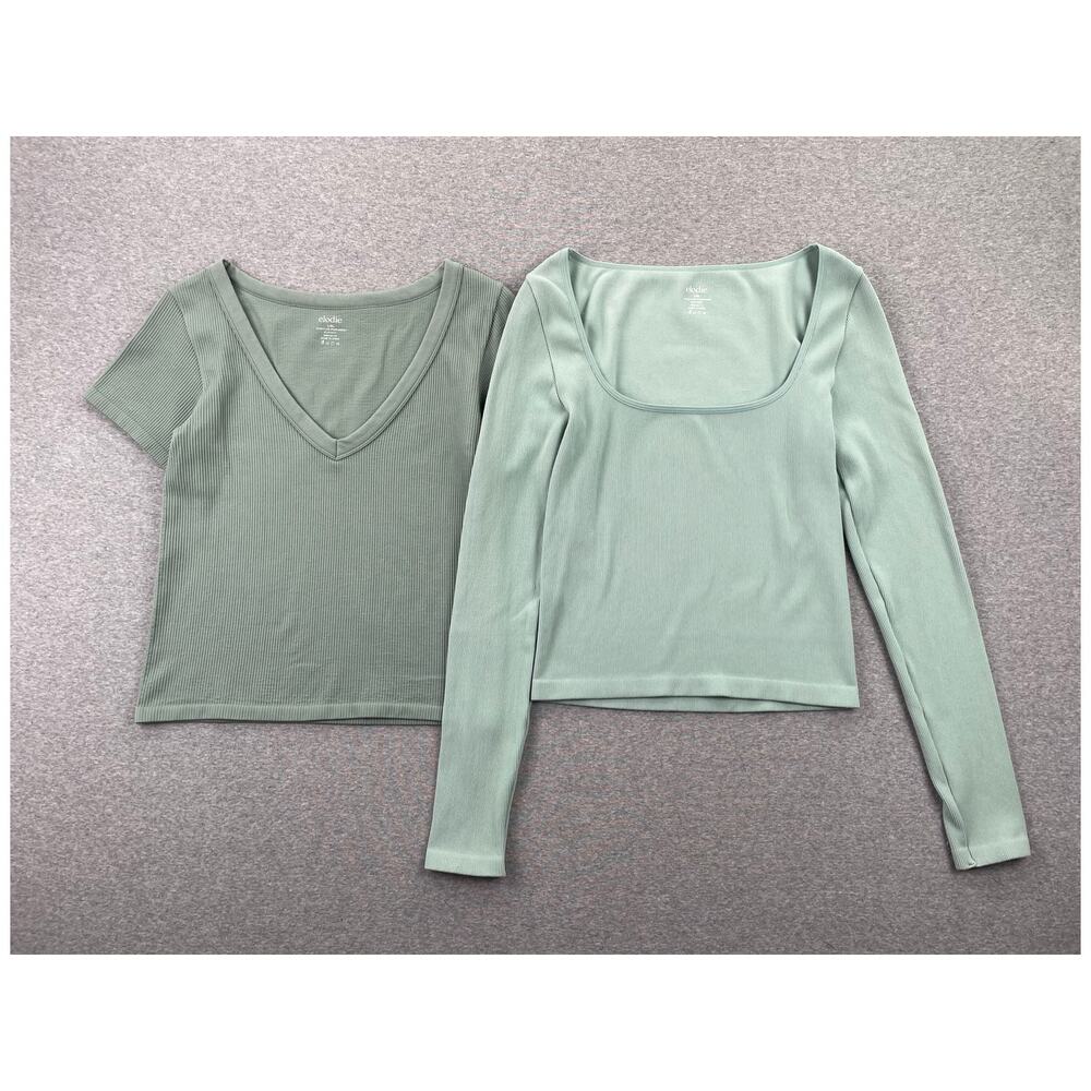 Lot of 2 Elodie Tops Womens L/XL Green Ribbed Seamless Workout Lounge Stretch